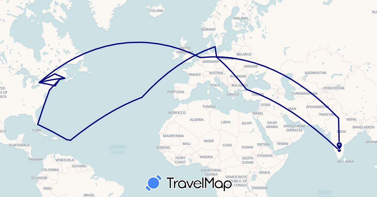 TravelMap itinerary: driving in Canada, Germany, Denmark, India, Netherlands, Poland, Portugal, Turkey, United States, U.S. Virgin Islands (Asia, Europe, North America)