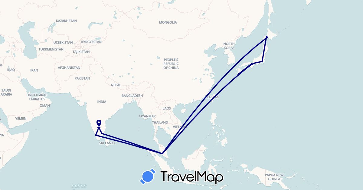 TravelMap itinerary: driving in India, Japan, Malaysia (Asia)
